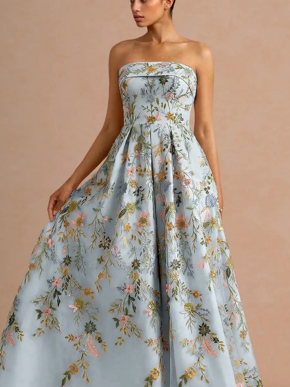 Azazie size 18 Strapless Light Blue Floral Embroidered Evening Gown